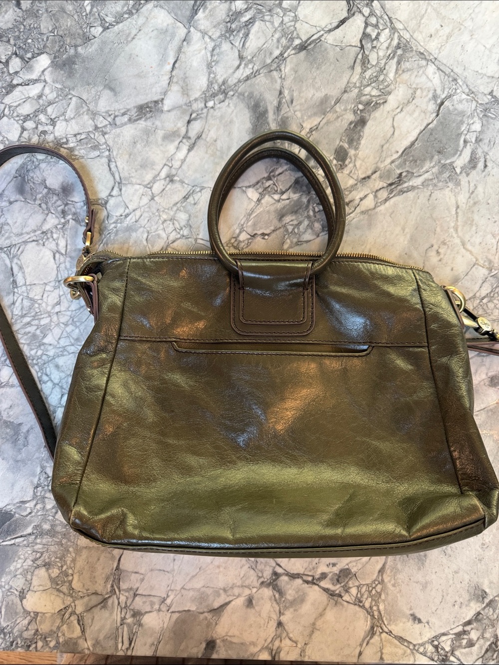 Hobo Sheila Medium Satchel in a polished olive veil leather.